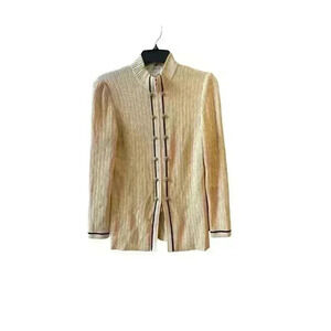 St. John Collection Marie Gray Knit Blazer Jacket Gold Yellow Zipper Size 2